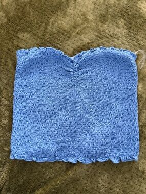 Vestique Light Blue Smocked Tube Top with Ruffle Trim